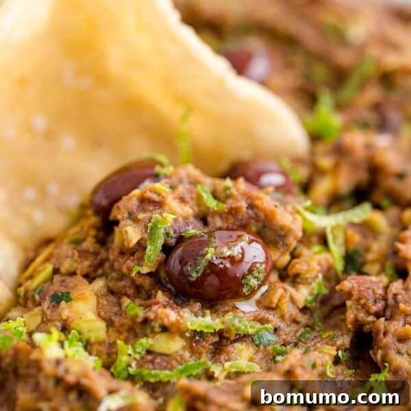 Black bean dip with a chip being dipped in it.