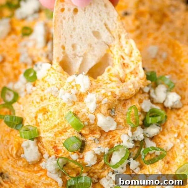 Crockpot buffalo chicken dip with a piece of bread being dipped into it.