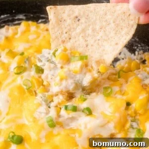 A hand dips a tortilla chip into a cheesy corn and jalapeño dip topped with sliced green onions.