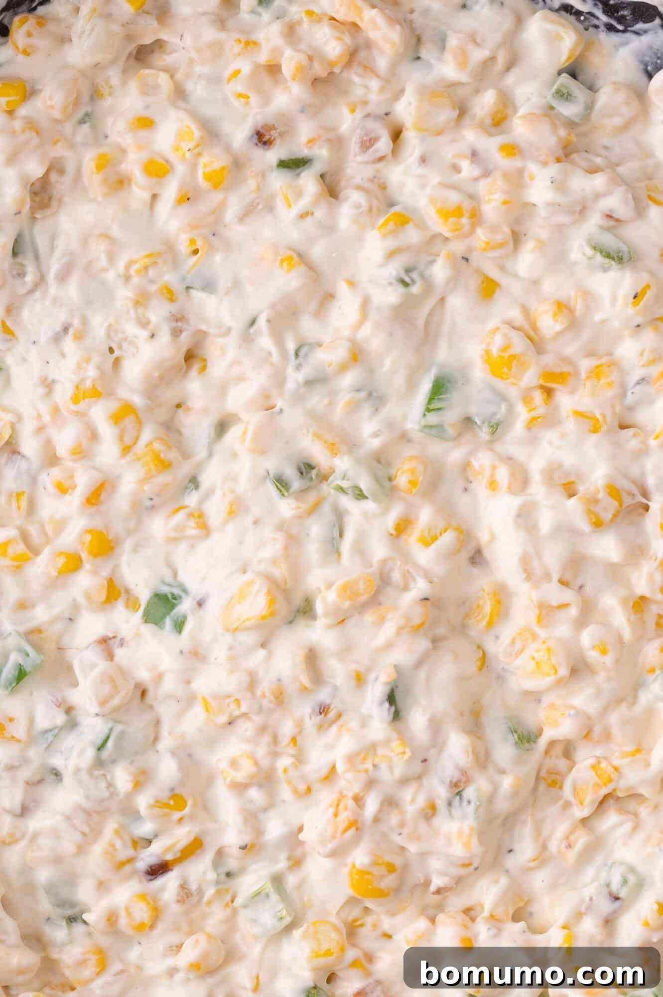 Close-up of a creamy corn dip with visible corn kernels and jalapeno peppers mixed in a white sauce.