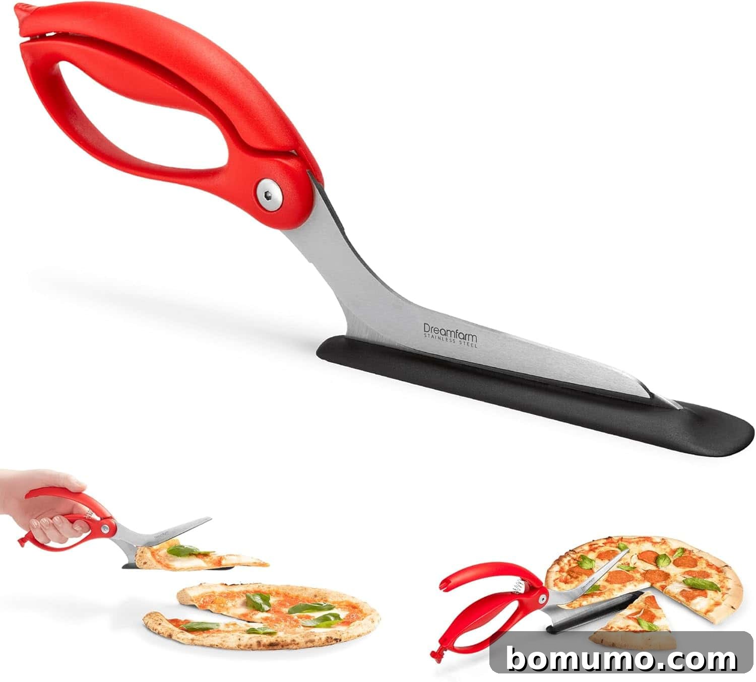 Red-handled kitchen scissors with an attached spatula blade, shown being used to cut and serve slices of delicious elote flatbread.