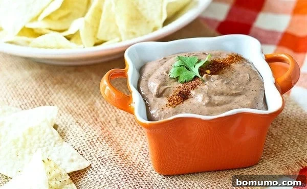 A creamy southwestern black bean dip shown in a bowl with chips.
