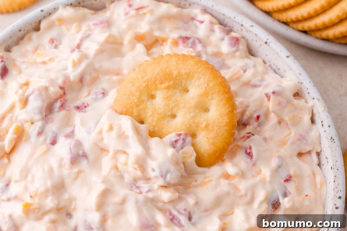 A round cracker is partially dipped in a creamy cheese and pimento spread, with more crackers visible in the background.