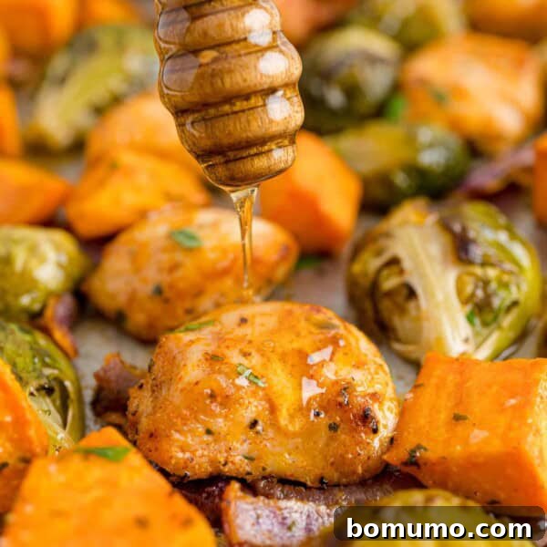 Hot honey chicken sheet pan dinner with honey being drizzled on.