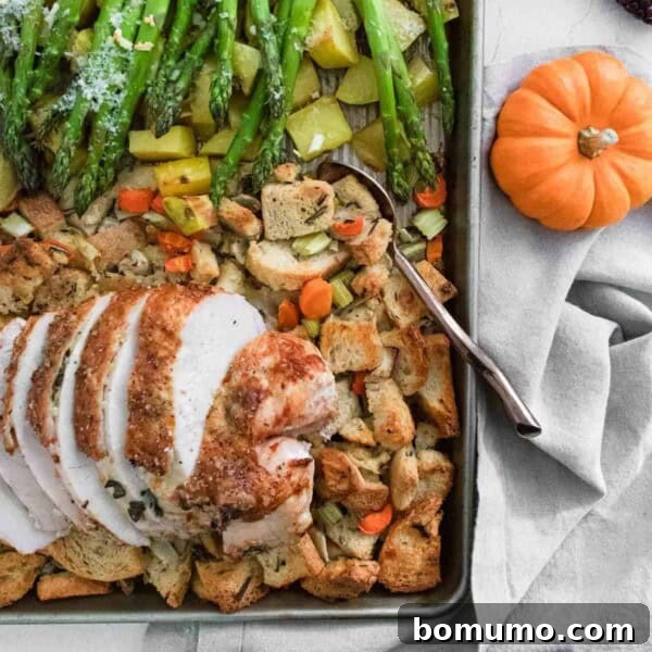 Close up of a Thanksgiving dinner on a sheet pan: turkey breast, dressing, potatoes, and asparagus.