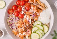 Mediterranean Salmon Bowl with Lemon, Olives and Feta