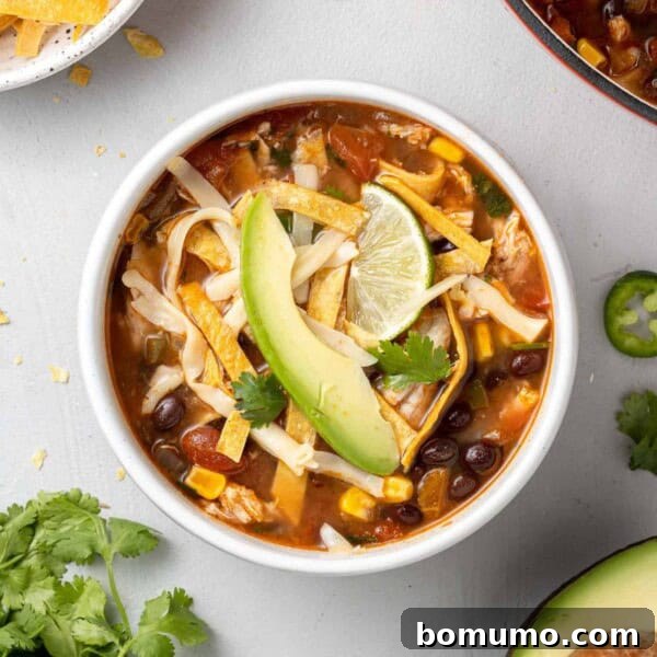 Overhead view of a bowl of chicken tortilla soup topped with avocado, tortilla strips, and cheese.