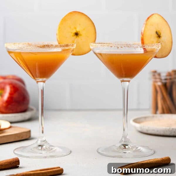 Two apple cider mocktails garnished with round apple slices.