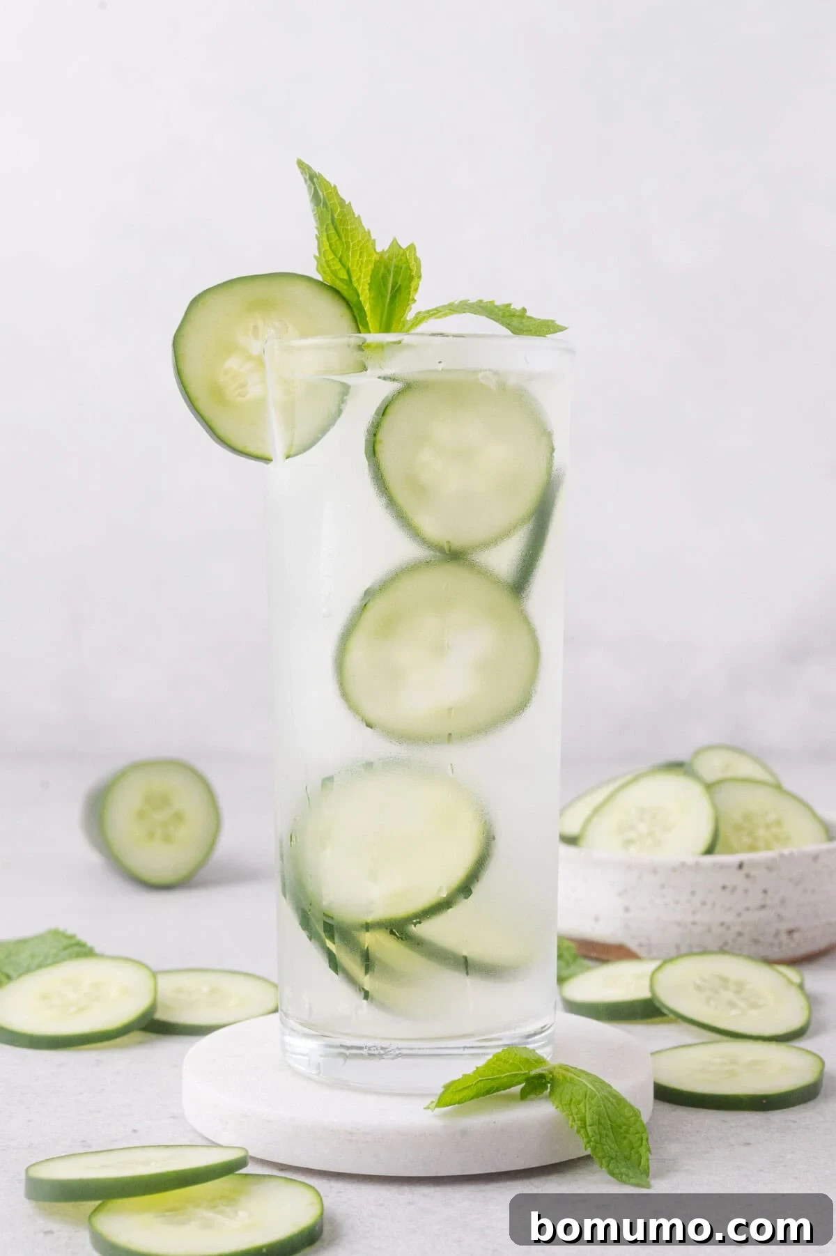A tall glass of cucumber lime cooler with ice, cucumber slices, and a sprig of mint, surrounded by cucumber slices on a light surface.