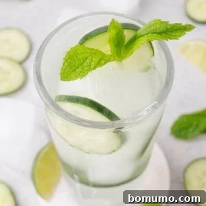 A glass of iced water garnished with cucumber slices and a sprig of mint, placed on a coaster with cucumber and lime slices in the background.