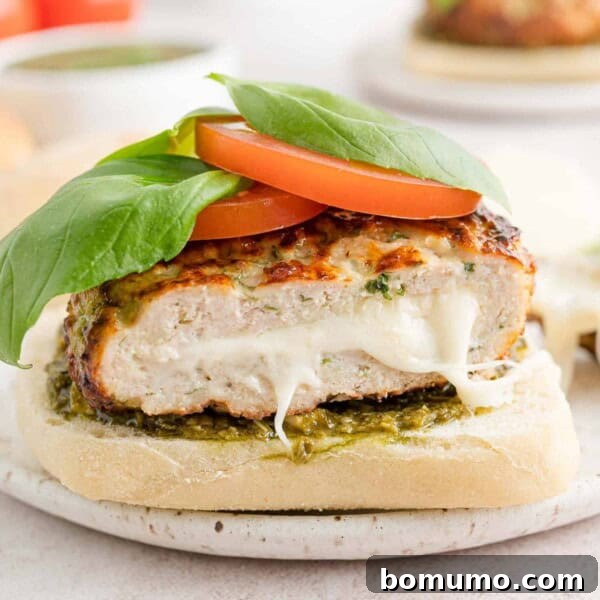 Mozzarella stuffed caprese turkey burger.