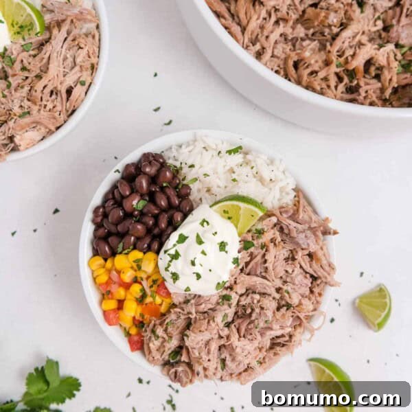 Slow Cooker Apple Cider Pulled Pork Sandwiches 14 Pulled pork in a bowl with rice, black beans, corn and sour cream.