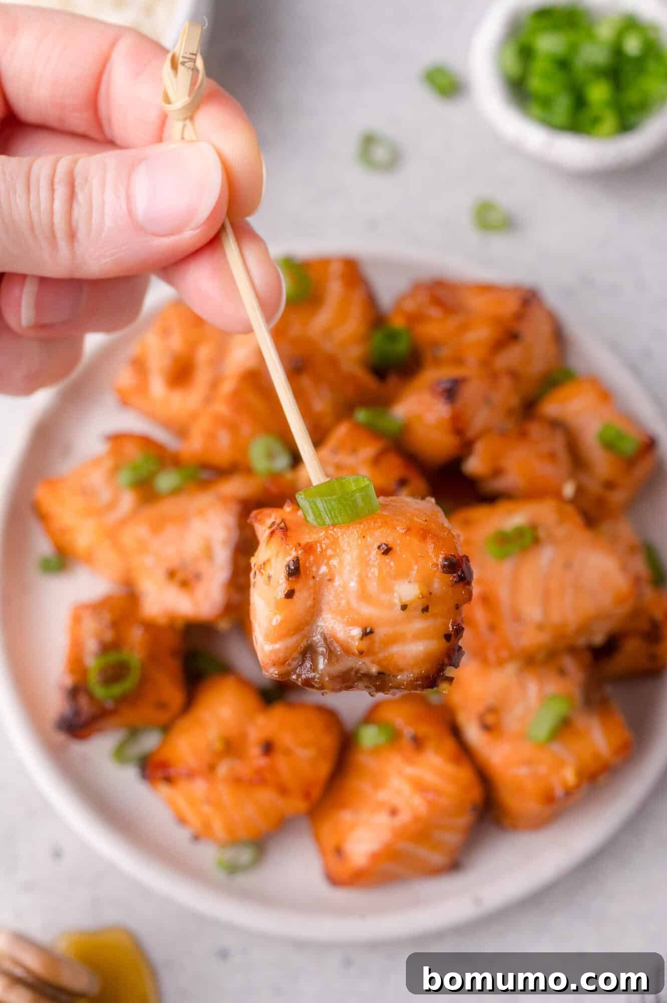 Crispy Honey Garlic Salmon Bites in the Air Fryer 11 A hand holds a bamboo skewer with a glazed salmon bite, garnished with green onion, above a plate of similar salmon bites.