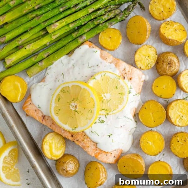 Sheet Pan Caprese Salmon with Tomatoes and Basil 15 Overhead view of salmon, potatoes, and asparagus on a sheet pan topped with lemon dill sauce.