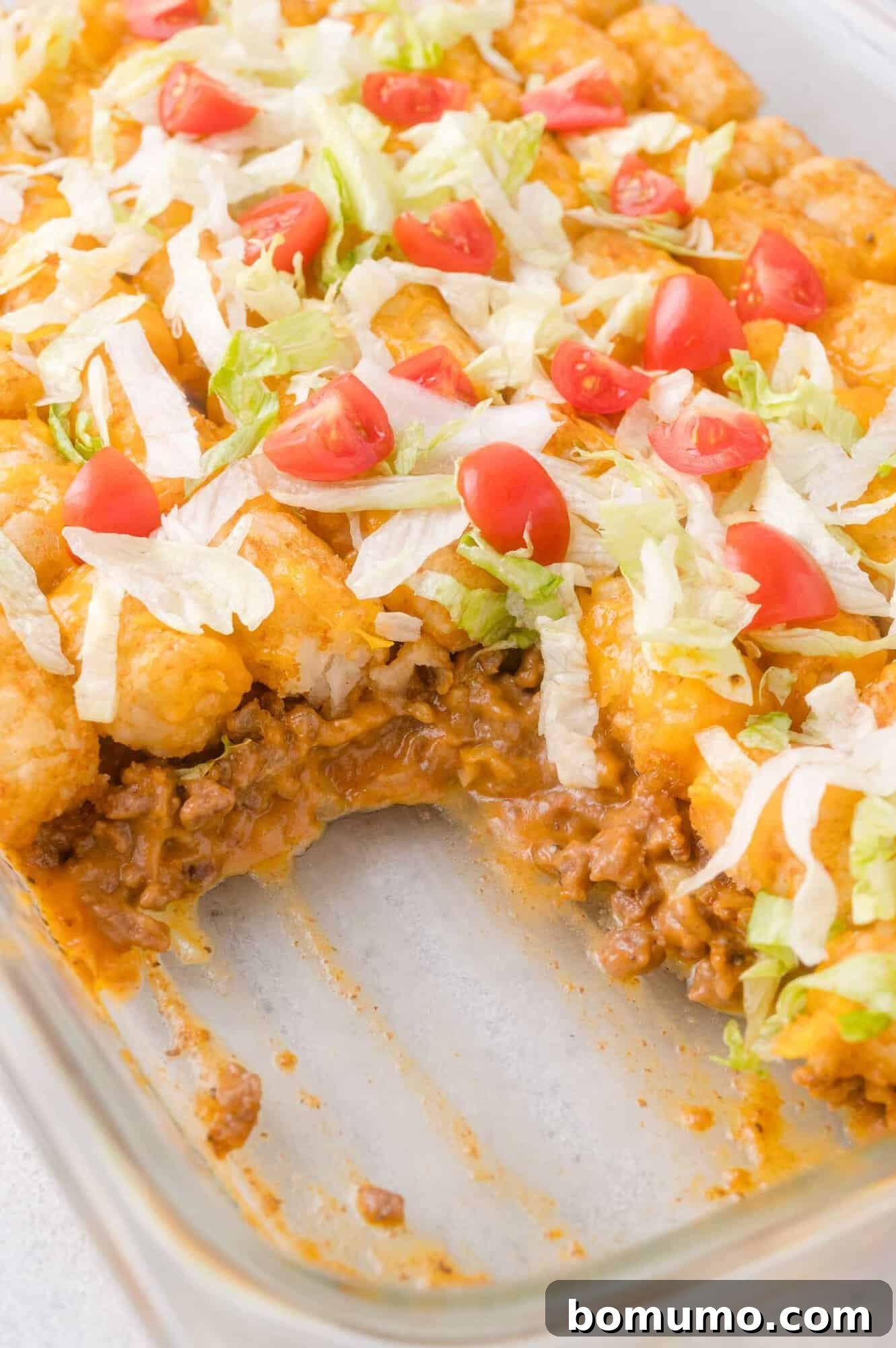 Cheeseburger Tater Tot Casserole Made Without Canned Soup 2 A casserole dish with a serving missing, showing layers of ground beef, cheese, tater tots, and toppings of shredded lettuce and sliced cherry tomatoes.